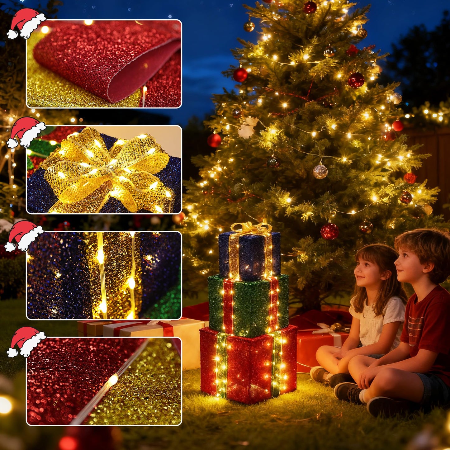 Lomotech Set of 3 Christmas Lighted Gift Boxes - Prel-Lit Gift Boxes with Timer, Lighted Christmas Presents for Xmas Tree, Yard, Holiday, Indoor Christmas Decorations（Small)