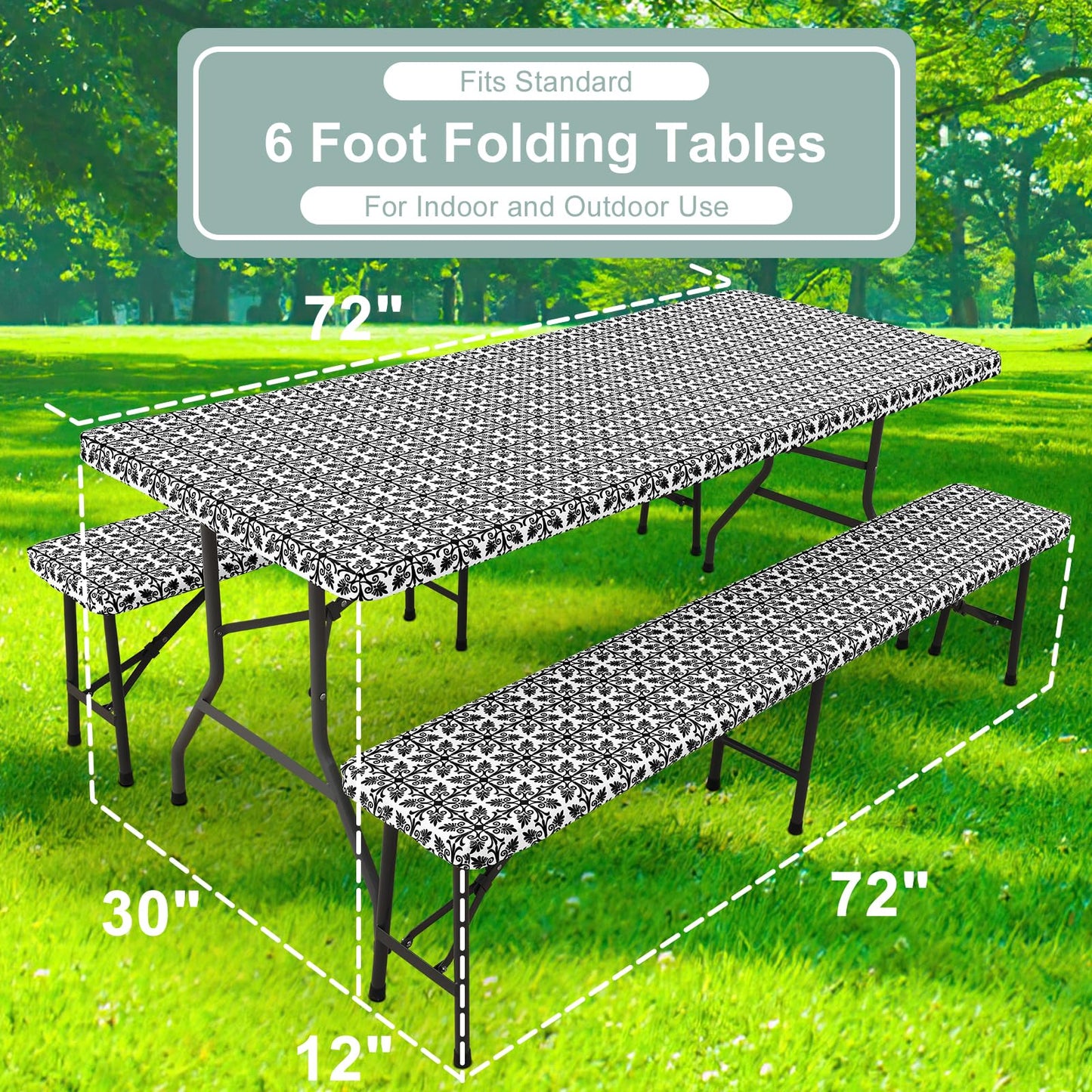 misaya Picnic Table Cover with Bench Cover, Waterproof Elastic Fitted Tablecloth for 6 Foot Tables, Rectangle Washable Polyester Tablecloths for Picnic, Camping, Outdoor (Black, 30" x 72")