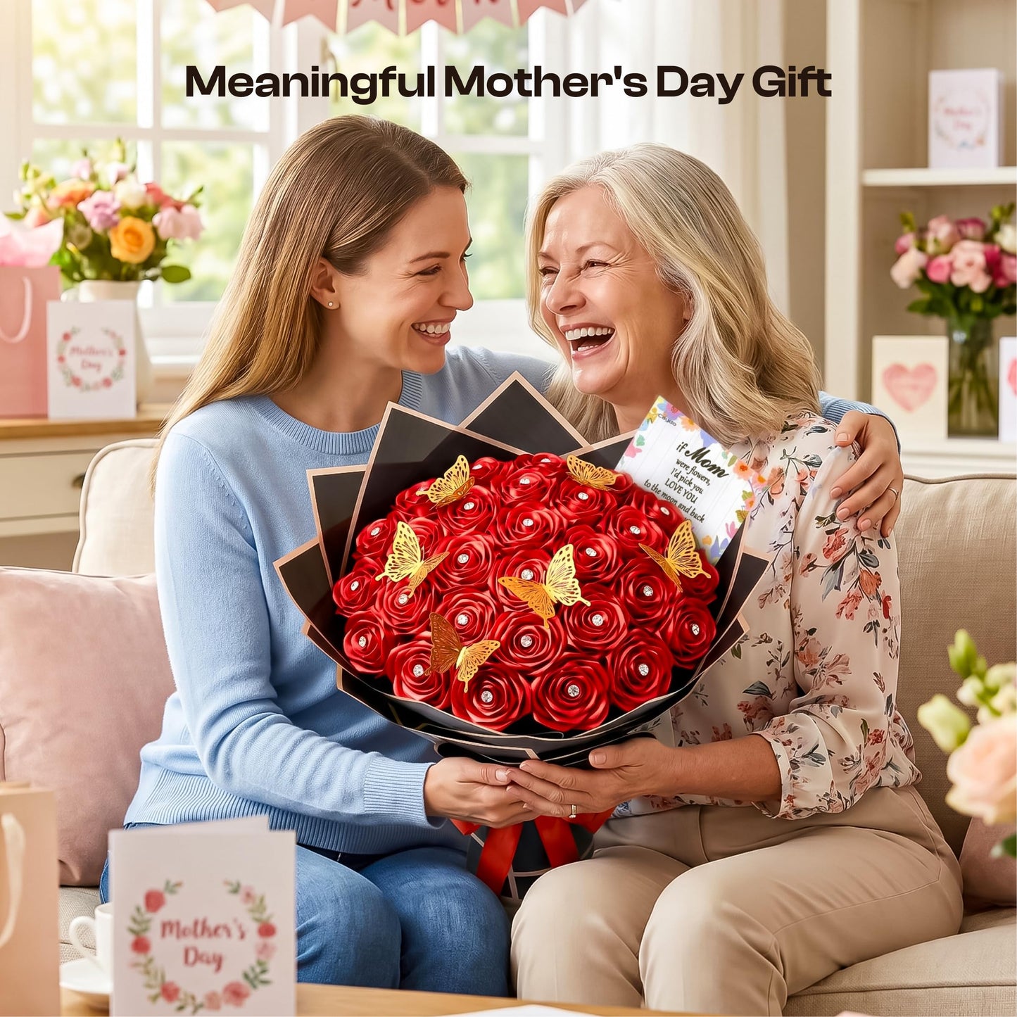 Caydo 1-1/2 Inch Red Ribbon for Flower Bouquet for Mothers Day Gifts, 50 Yards Satin Ribbon Flower Making Kit with Floral Stem Wire, Wrapping Paper, Glue Stick, 3D Butterfly & Diamond Pins