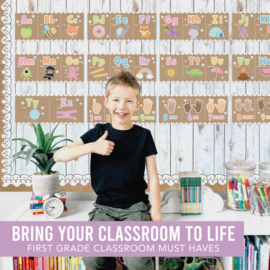 Hadley Designs Alphabet for Classroom Wall Decor - ABC Posters for Classroom Wall Chart Preschool & Kindergarten, ABC Letters & Number Line Elementary Must Haves, Kraft Daycare & Homeschool Essentials