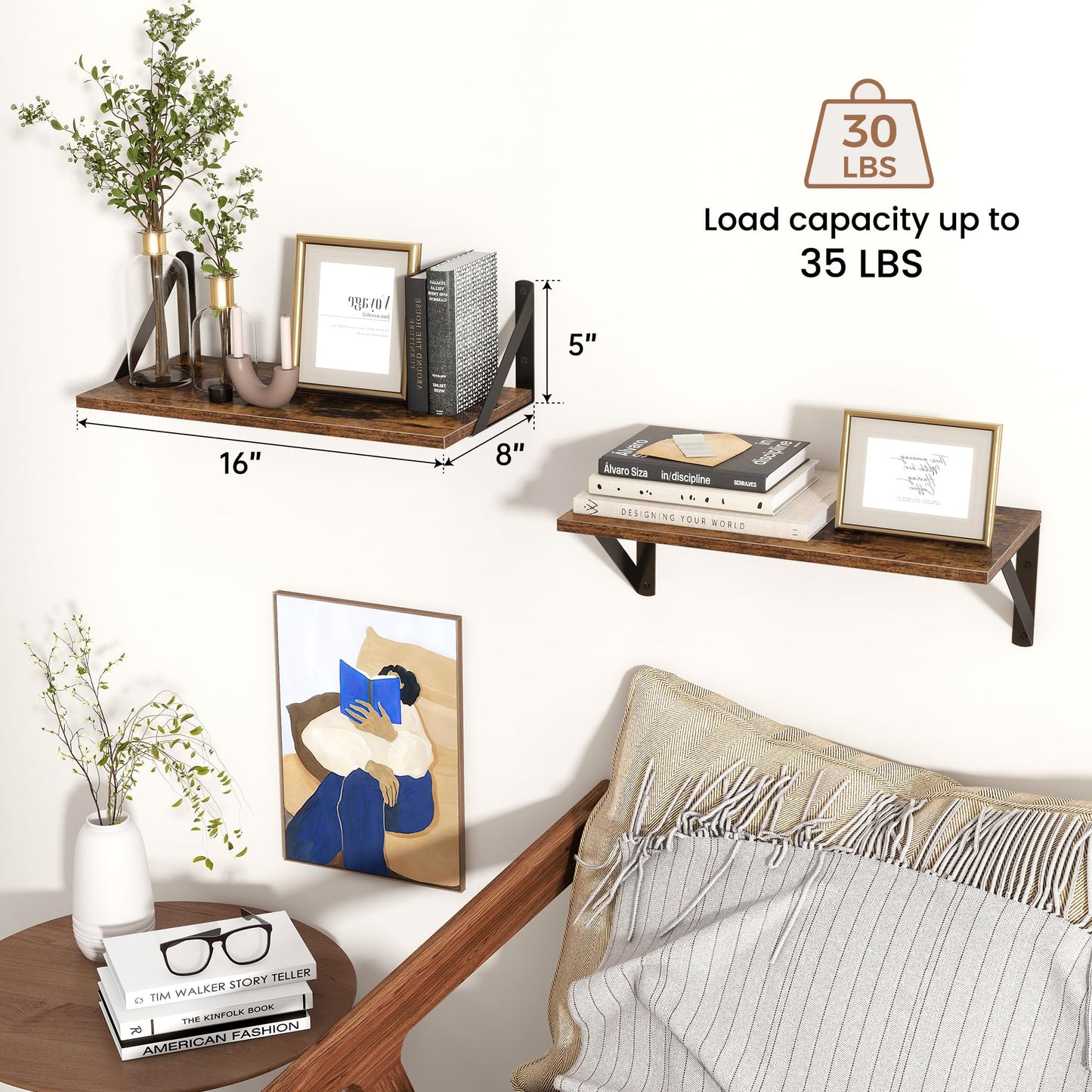 Axeman Floating Shelves for Wall, 8 Inch Deep Brown Wall Shelves Set of 2, 16''W x 8''D Rustic Brown Wood Shelves for Bookshelf Living Room Bedroom Home Office Bathroom