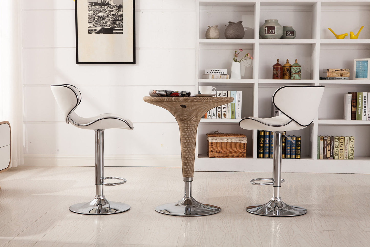 Roundhill Furniture Masaccio Cushioned Leatherette Upholstery Airlift Adjustable Swivel Barstool with Chrome Base, Set of 2, White