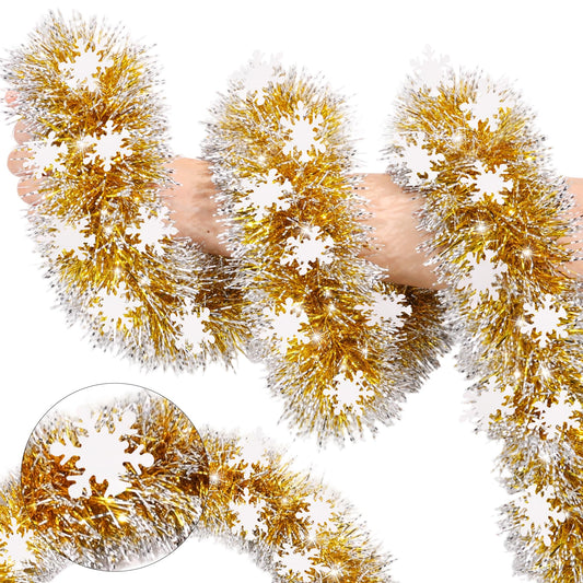 50FT Gold White Christmas Tinsel Garland with Snowflake Ornaments Metallic Shiny Xmas Garland for Christmas Tree Decorations Hanging Holiday Decor for Home Party Office Mantel Staircase Indoor Outdoor