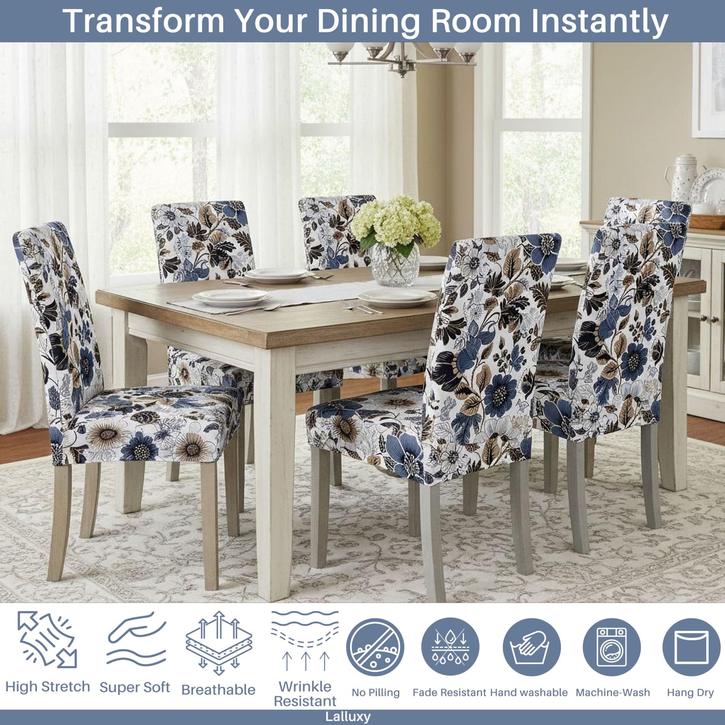 Lalluxy Chair Covers for Dining Chair Set of 4, Stretchy Soft Parson Chair Covers Removable Washable Kitchen Dining Room Chair Slipcovers with Elastic for Universal Fit (Dark Flowers II)