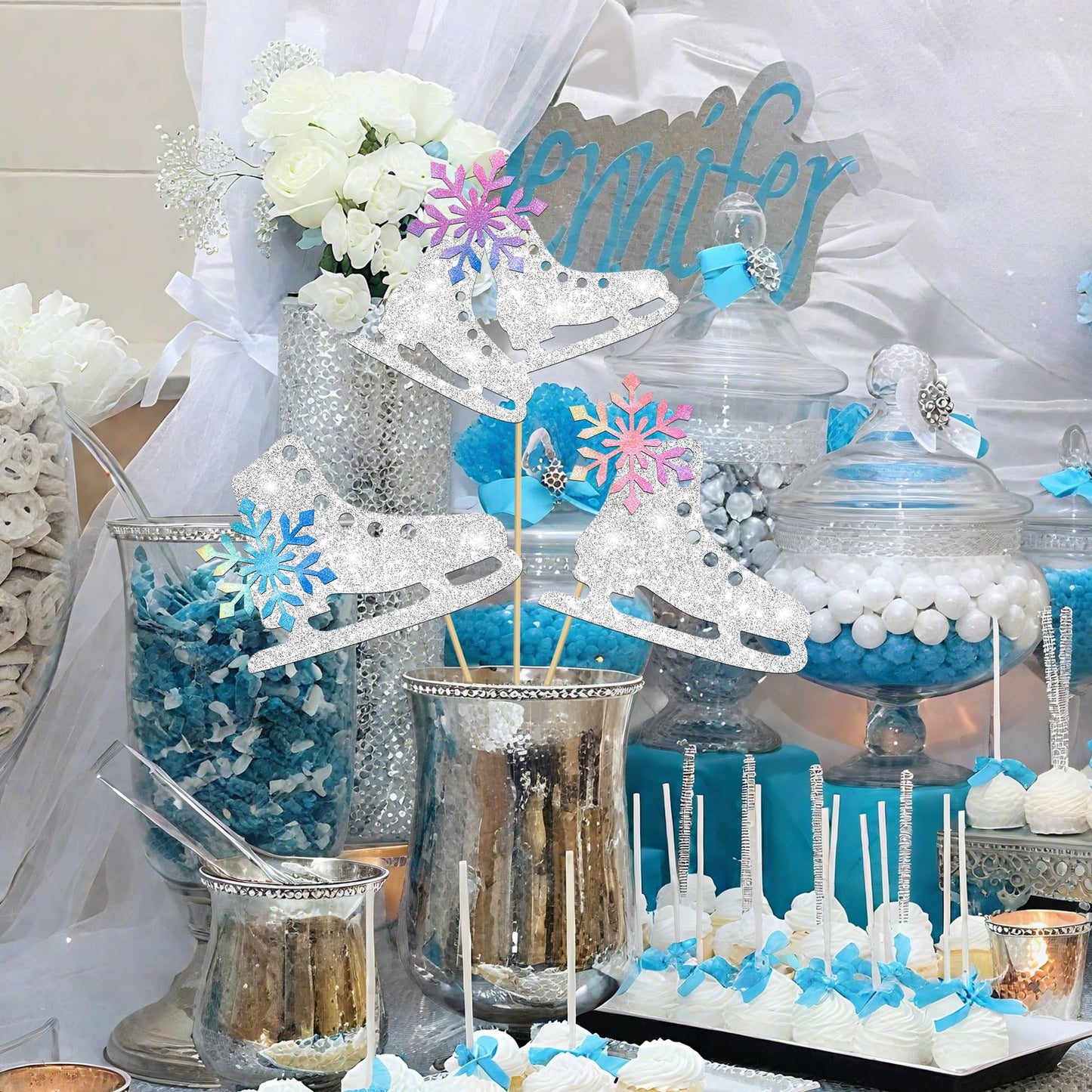 Ice Skating Centerpiece Sticks Snowflake Ice Sports Theme Party Decorations 12PCS Glitter Silver Ice Skate Baby Shower Table Topper Decorations for Skating Birthday Party Supplies