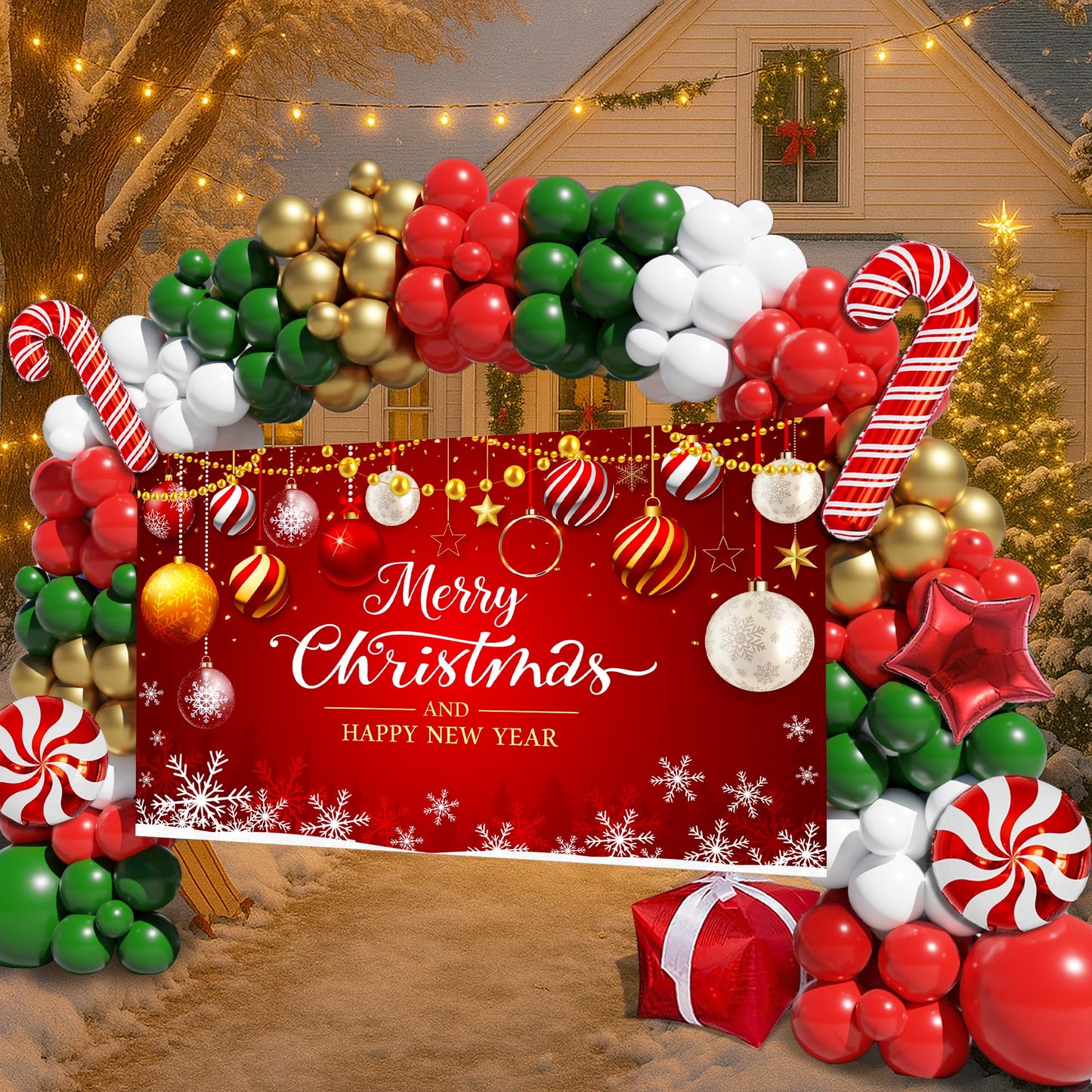 Christmas Balloon Arch Kit, 163PCS Christmas Party Decorations with Large Backdrop for Photography, Red Green Gold, Candy Cane, Red Star, Gift Box Foil Balloons for Party Decor