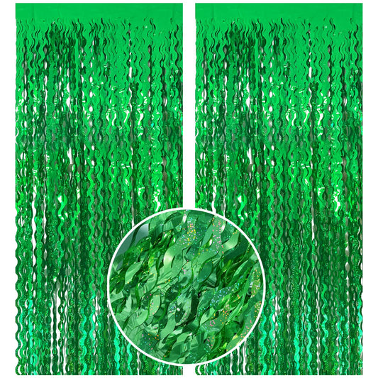 Green Tinsel Foil Fringe Curtains Wavy Backdrop for Party Sparkle Metallic Wavy Streamers Photo Booth Props for Birthday Dinosaur Animal St Patrick's Day Football Christmas Party Decorations