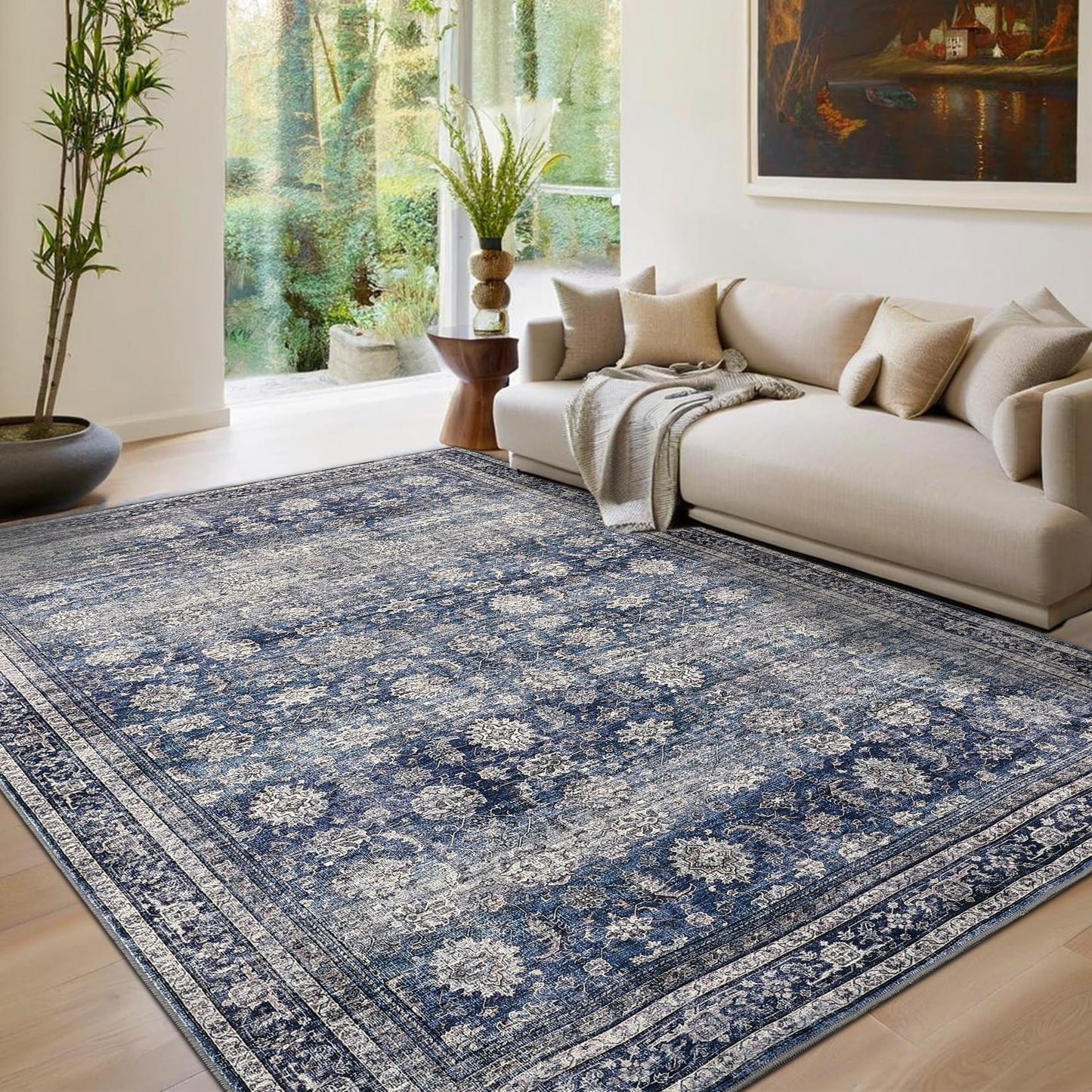 GarveeHome Washable Area Rugs 5x7 Vintage Printed Accent with Non-Slip Backing, Stain-Resistant Oriental Throw Rugs, Farmhouse Low Pile Rugs for Bedroom, Living Room, Blue
