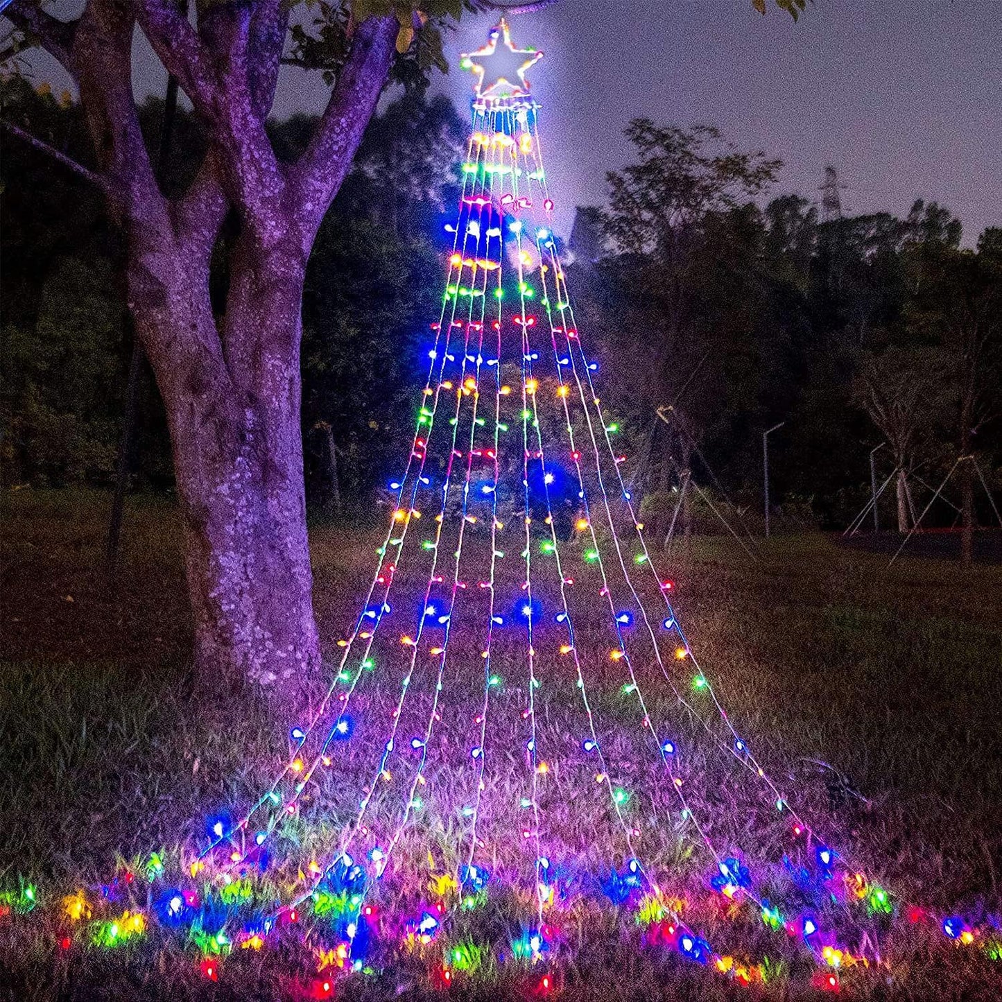 Christmas Decoration Lights, Outdoor Christmas String Lights 320 LED 11.5 Ft Waterfall Tree Light with Big Star Topper 8 Light Modes for Xmas New Year Holiday Garden Yard Indoor Outdoor Decor