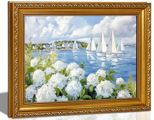 Vintage Gold Frame 3D Texture Coastal Floral Wall Art Summer Ocean Aesthetics Sailing Painting Picture Wall Decor White Hydrangea Poster Print Artwork for Kitchen Bedroom Living Room Home Decoration