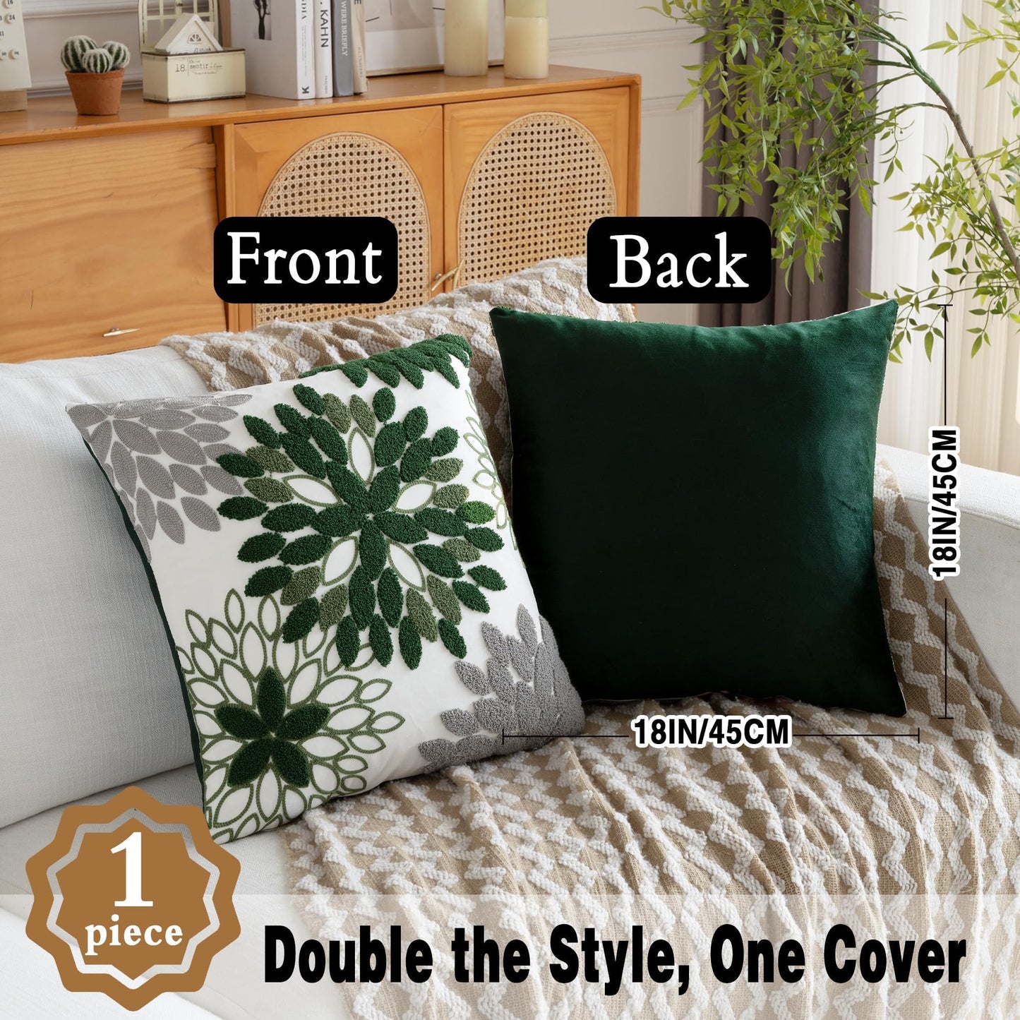 Tikeciti Embroidered Forest Green Grey Dahlia Pillow Covers, Dark Green Soft Velvet 18 x 18 Inch Throw Pillows Modern Elegant Geometric Pillowcase Decorative Cushion Case for Sofa Living Room Bedroom