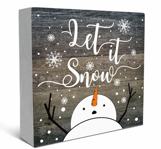 SRADMO Let It Snow Christmas Wooden Sign Desk Decor, Snowman Christmas Decor, Rustic Winter Snowflake Wood Block Signs for Home Office Xmas Party Holiday Desk Table Shelf Decorations, 5x5 Inches