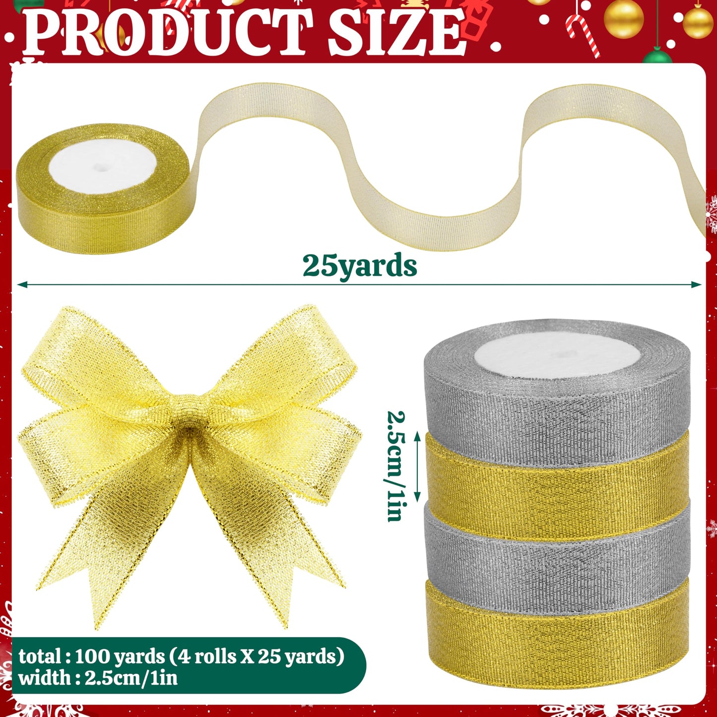 Hoplito 4 Rolls 1Inch Wide Christmas Ribbons Total 100 Yards Holiday Ribbons Metallic Glitter Fabric for DIY Craft Gift Wrapping and Christmas Party Festival Decorations, Gold & Silver