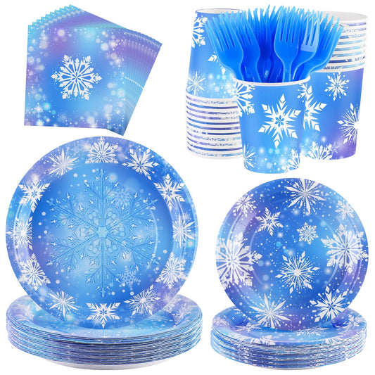 Kochorie 144 Pieces Frozen Party Supplies, Snowflake Tableware Sets Including Disposable Paper Plates Napkins Cups Forks Serves 24 for Winter Christmas Holiday Wonderland Birthday Party Decorations