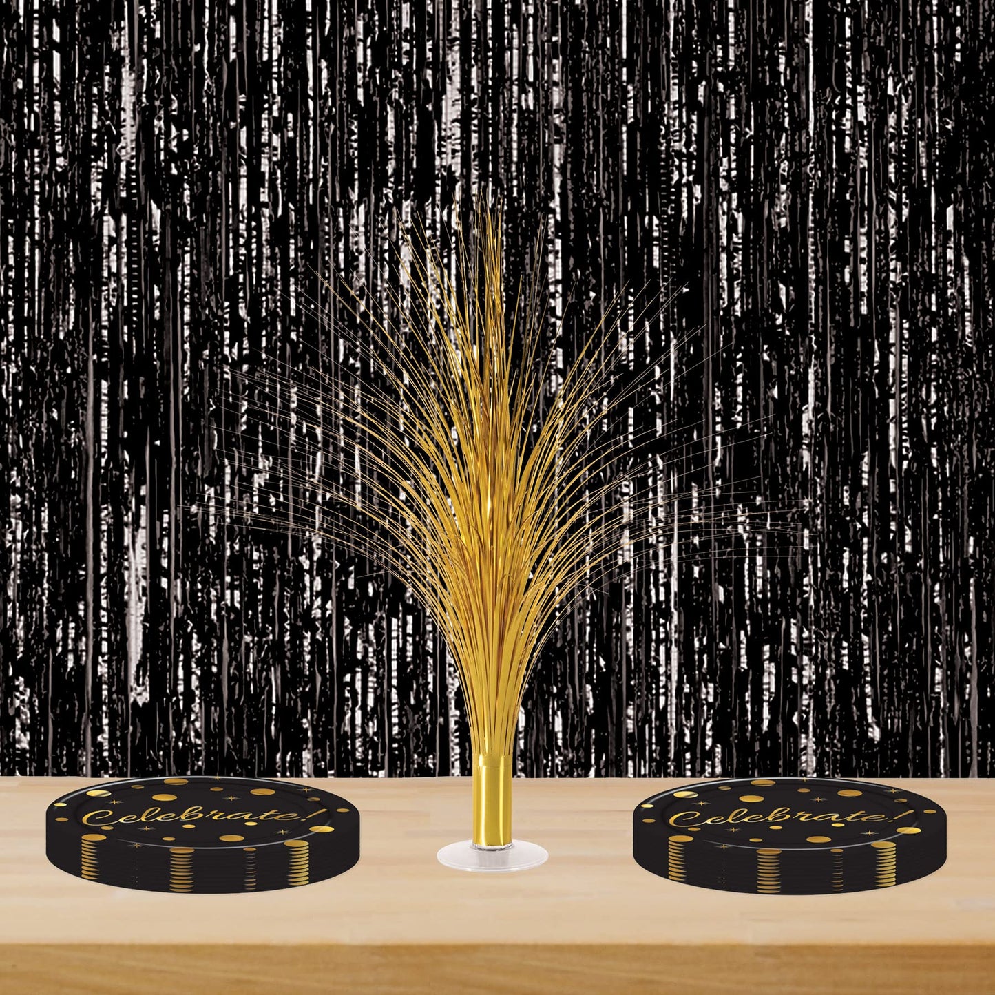 Beistle Metallic Spray Centerpieces - 2-Pack Elegant Gold Table Decorations with Clear Base, Shimmering Foil Sprays for New Year’s Eve, Hollywood Awards Night, Graduation and Celebration Events, 19”