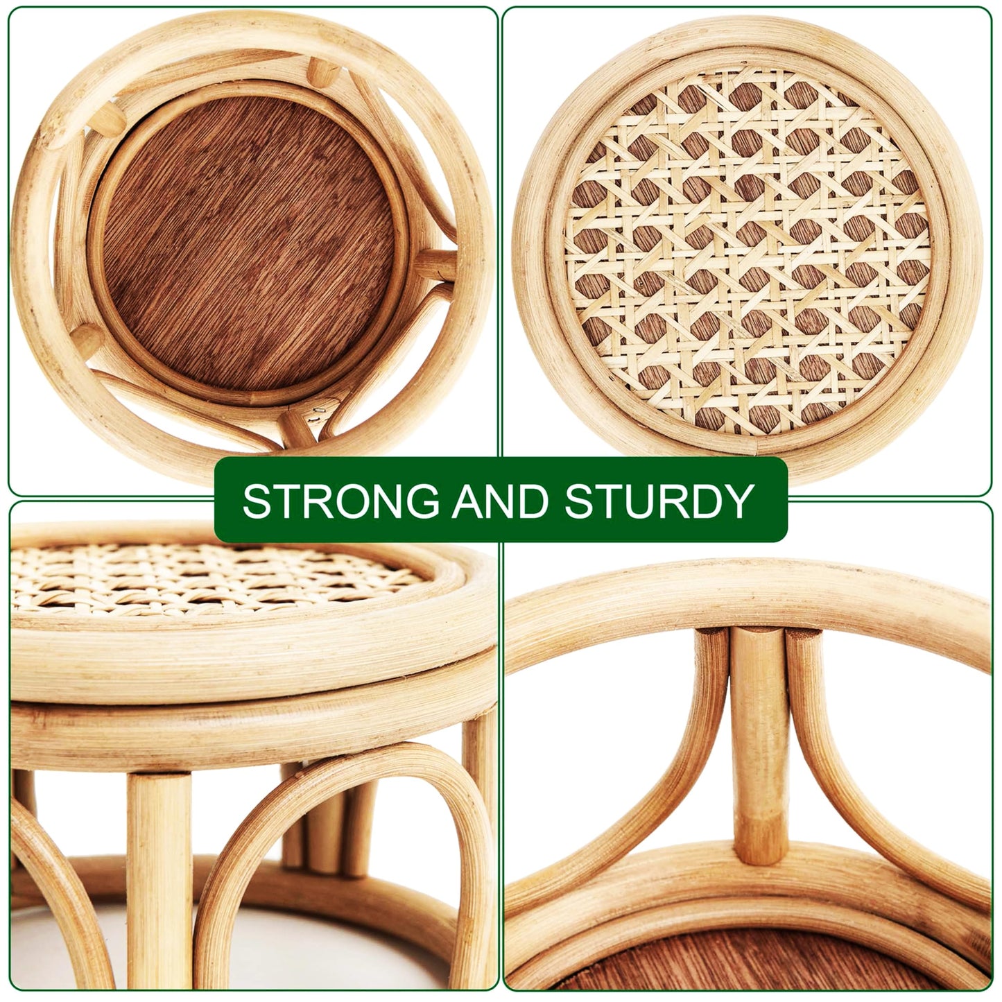 Set of 2 Small Boho Rattan Wicker Round Riser Plant Stand Indoor,Rustic Farmhouse Natural Wooden Circle Pedestal for Decor & Display, Tabletop, Office Decor