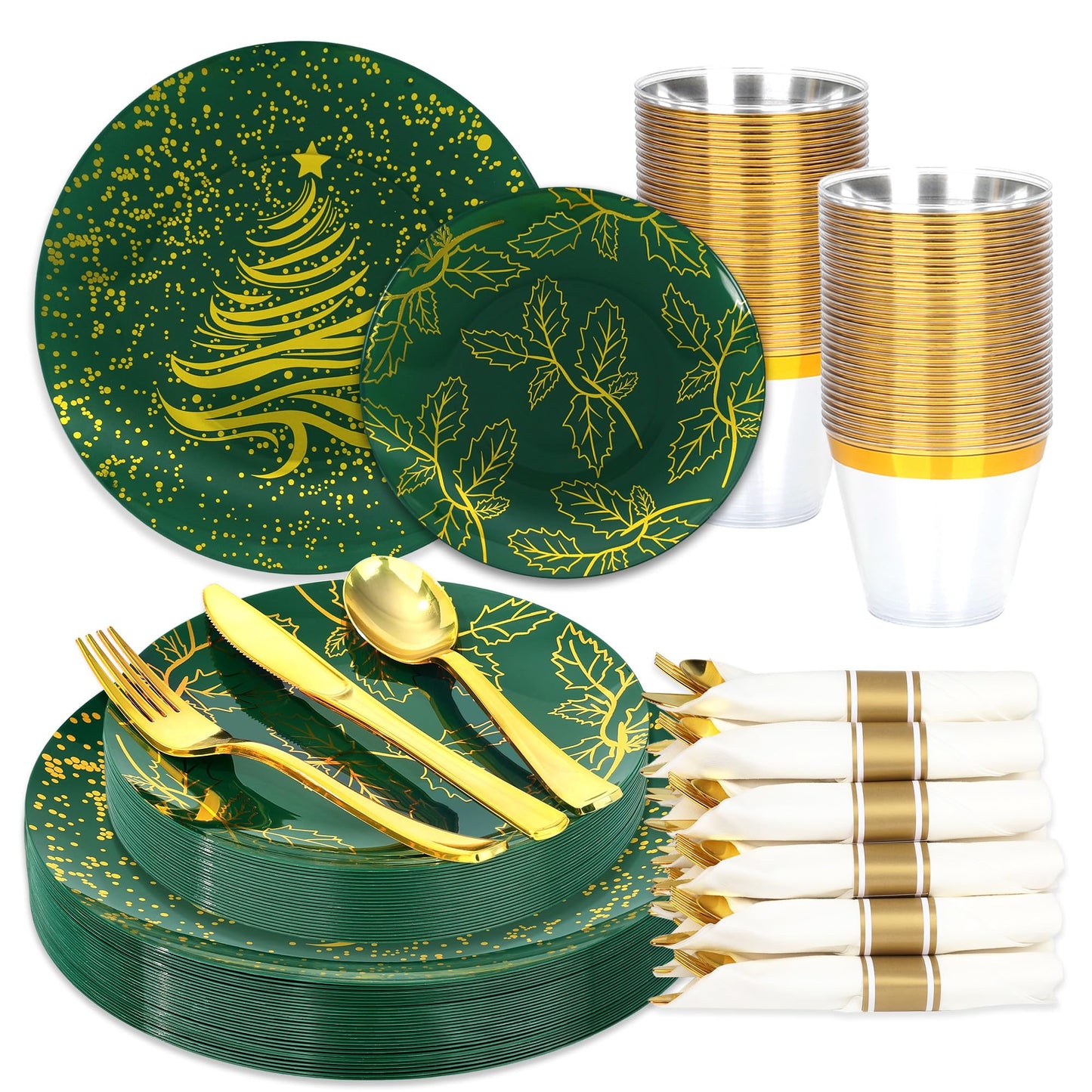 qonimi 175PCS Christmas Party Supplies - Christmas Plastic Dinnerware Set for 25 Guests, 50 Dinner Plates, 25 Cups, 25 Pre-Rolled Napkins with Plastic Cutlery, Gold Tree Design for Party