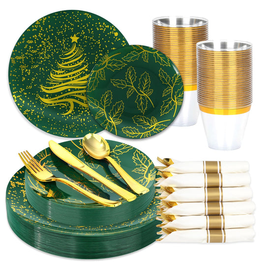 qonimi 175PCS Christmas Party Supplies - Christmas Plastic Dinnerware Set for 25 Guests, 50 Dinner Plates, 25 Cups, 25 Pre-Rolled Napkins with Plastic Cutlery, Gold Tree Design for Party