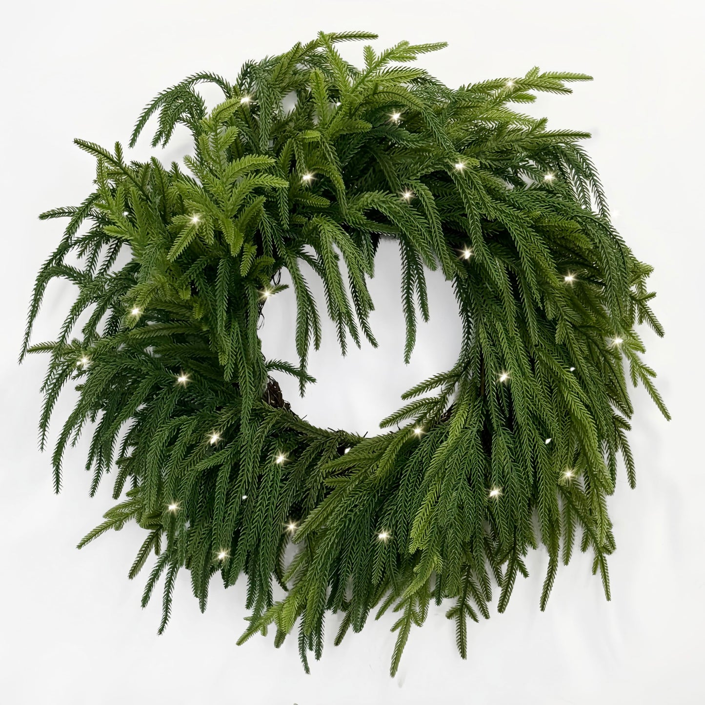 TOKCARE Norfolk Pine Wreaths for Front Door, 26Inch Real Touch Prelit Christmas Wreath with Lights 40 LED Green Faux Pine Wreath for Wall Windows Mantle Outdoor Christmas Decoration