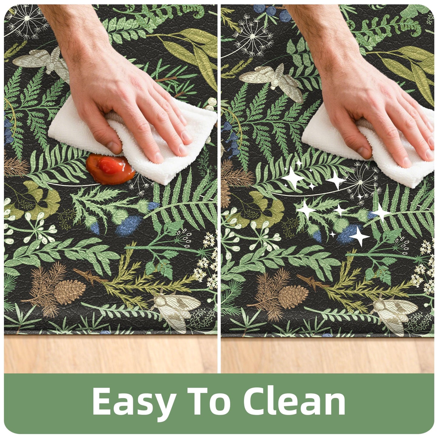 Black Green Botanical Kitchen Rugs Set of 2 Plant Leaf Anti-Fatigue Kitchen Mat Natural Comfort Standing Waterproof PVC Mats 2/5" Thick Leather Carpet for Laundry Office Sink(17.3" x28" + 17.3" x 47")