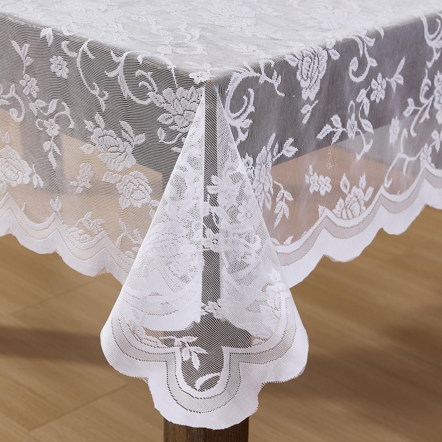 HLC.ME Harper Floral Lace Fabric Tablecloth, Lace Fabric Table Cloth for Rectangle Tables, Wrinkle Resistant Tablecloth, Patterned Scalloped Tablecloth (60 W x 84 L, White)