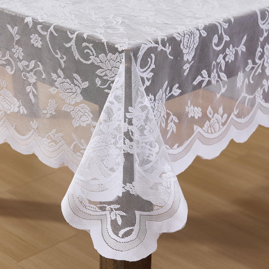 HLC.ME Harper Floral Lace Fabric Tablecloth, Lace Fabric Table Cloth for Rectangle Tables, Wrinkle Resistant Tablecloth, Patterned Scalloped Tablecloth (60 W x 84 L, White)