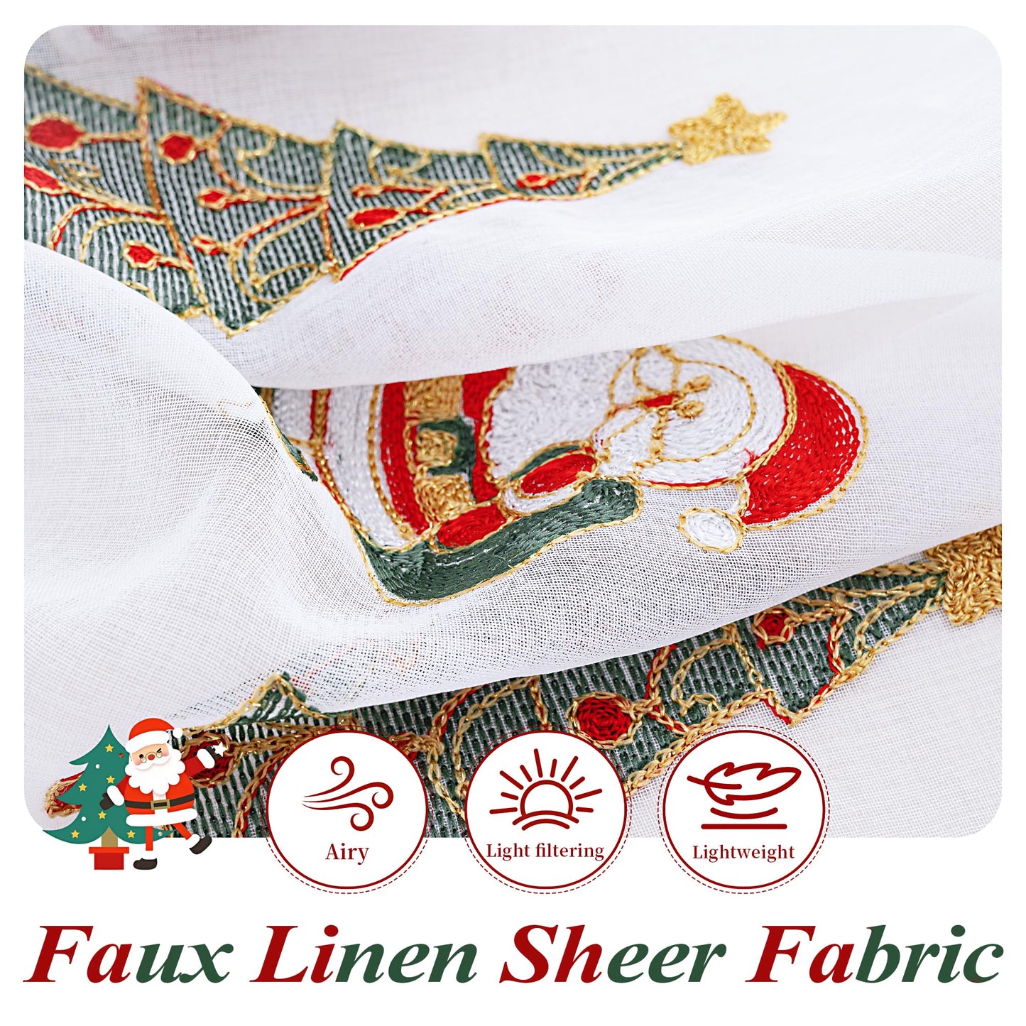 BROSHAN Red Embroidered Sheer Christmas Window Curtains 84 inches Long for Living Room- Xmas Tree Santa Patterned White Drapes 2 Panels Set for Winter Holiday Bedroom Dining Room Decor,Gold Green