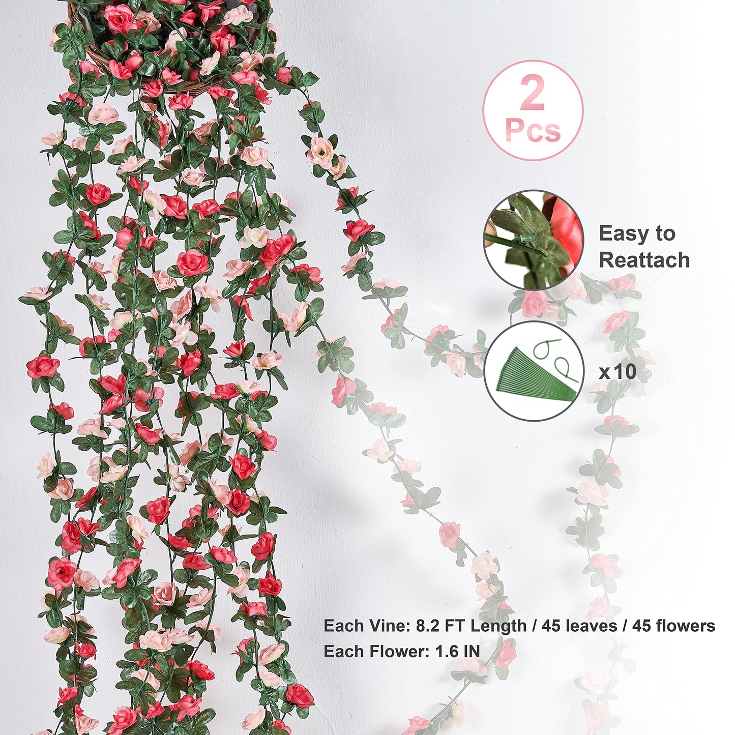 BLEUM CADE 2Pcs 16.4Ft Flower Garland Artificial Rose Vines for Bedroom, Cute Fake Hanging Flower Vines Floral Garland Decorations for Wedding Party Wall Room Decor Aesthetic