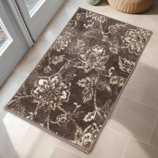 Superior Indoor Large Area Rug for Hallways, Entry, Office, Living/Bedroom, Hardwood, Tile, Floor Cover, Plush Carpet Cover, Modern Farmhouse Floral Decor, Jacobean Collection, 2' x 3', Chocolate