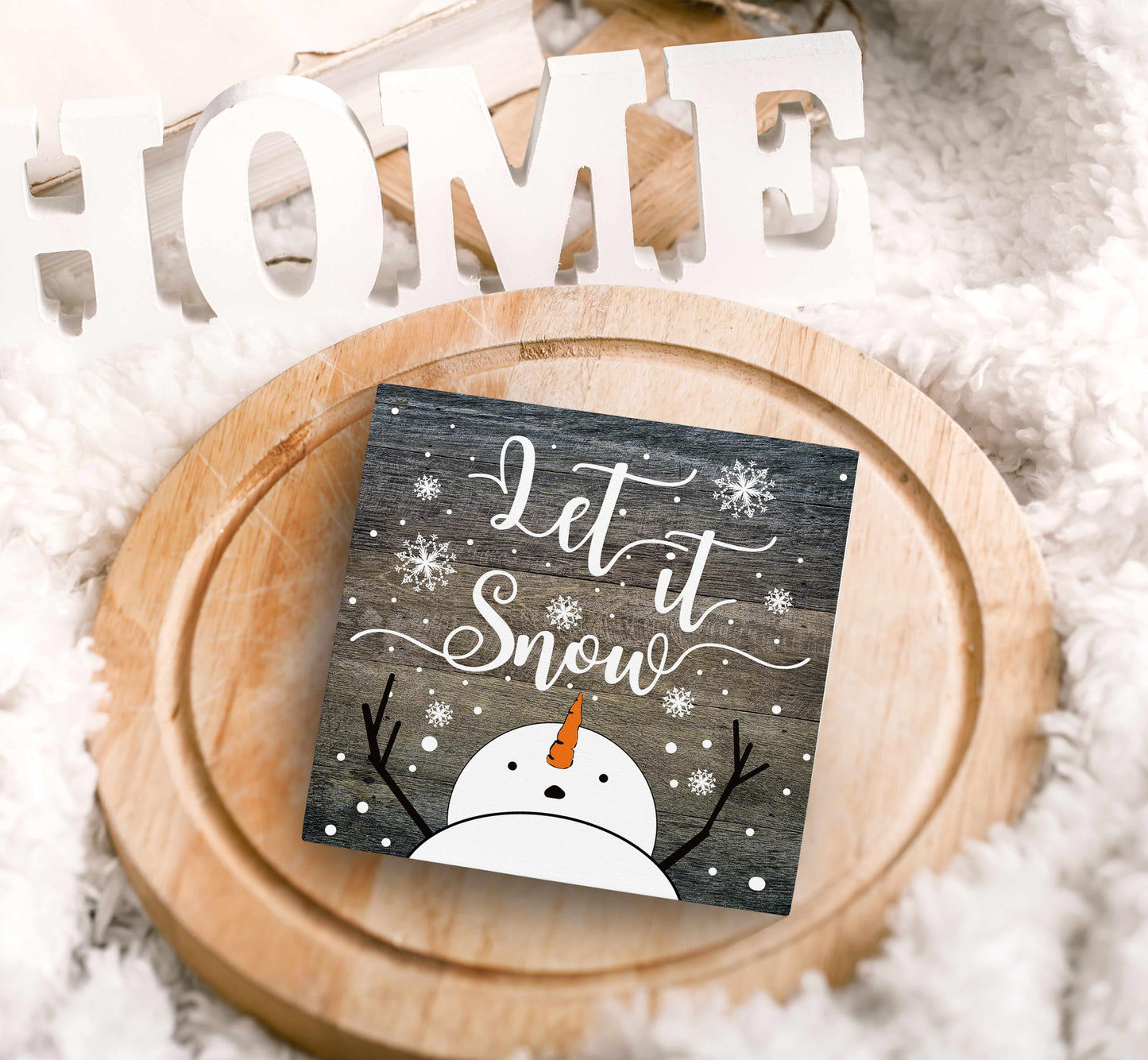 SRADMO Let It Snow Christmas Wooden Sign Desk Decor, Snowman Christmas Decor, Rustic Winter Snowflake Wood Block Signs for Home Office Xmas Party Holiday Desk Table Shelf Decorations, 5x5 Inches