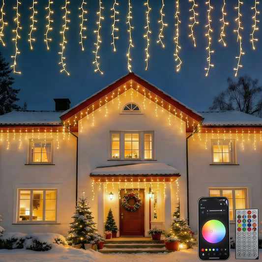 Led Icicle Lights Outdoor,43FT 400 LED RGB Smart Programmable Icicle Christmas Light for Outside,Color Changing LED Connectable Music Sync for House Decorations,Holiday,Red White Blue Independence Day