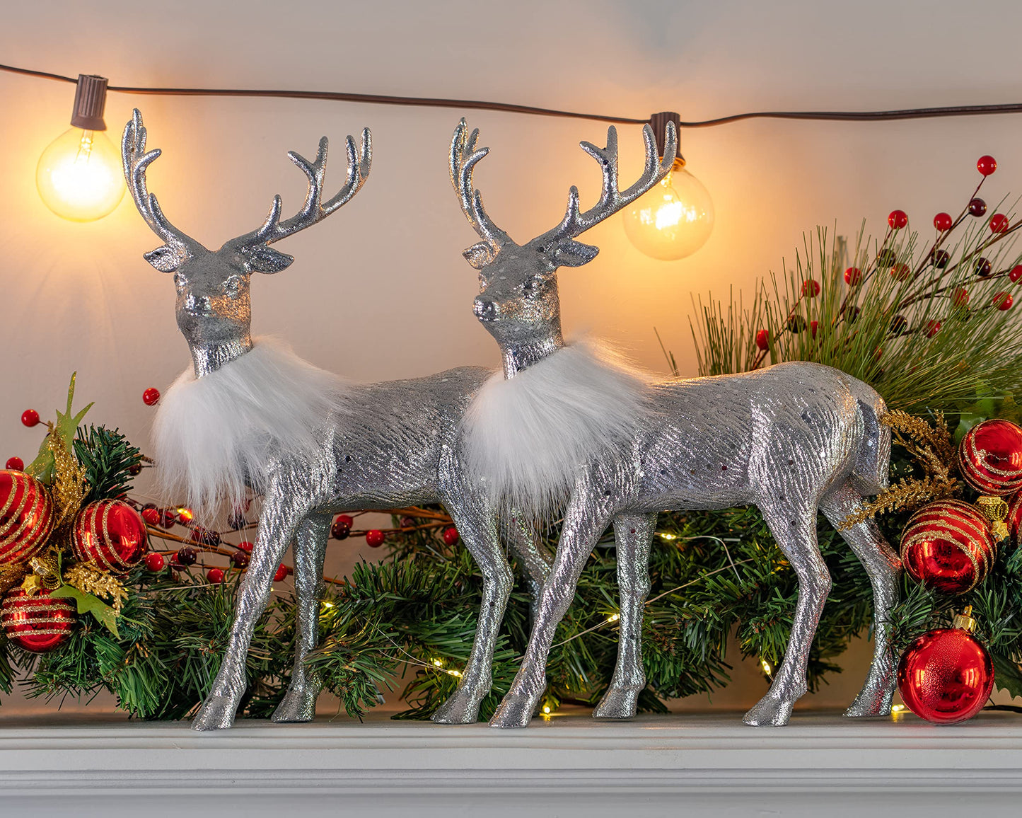 Ornativity Silver Glitter Christmas Reindeer - Xmas Holiday Party Deer Figurine Statues Dinner Tabletop Decorations Centerpiece Mantle - 12" Pack of 2