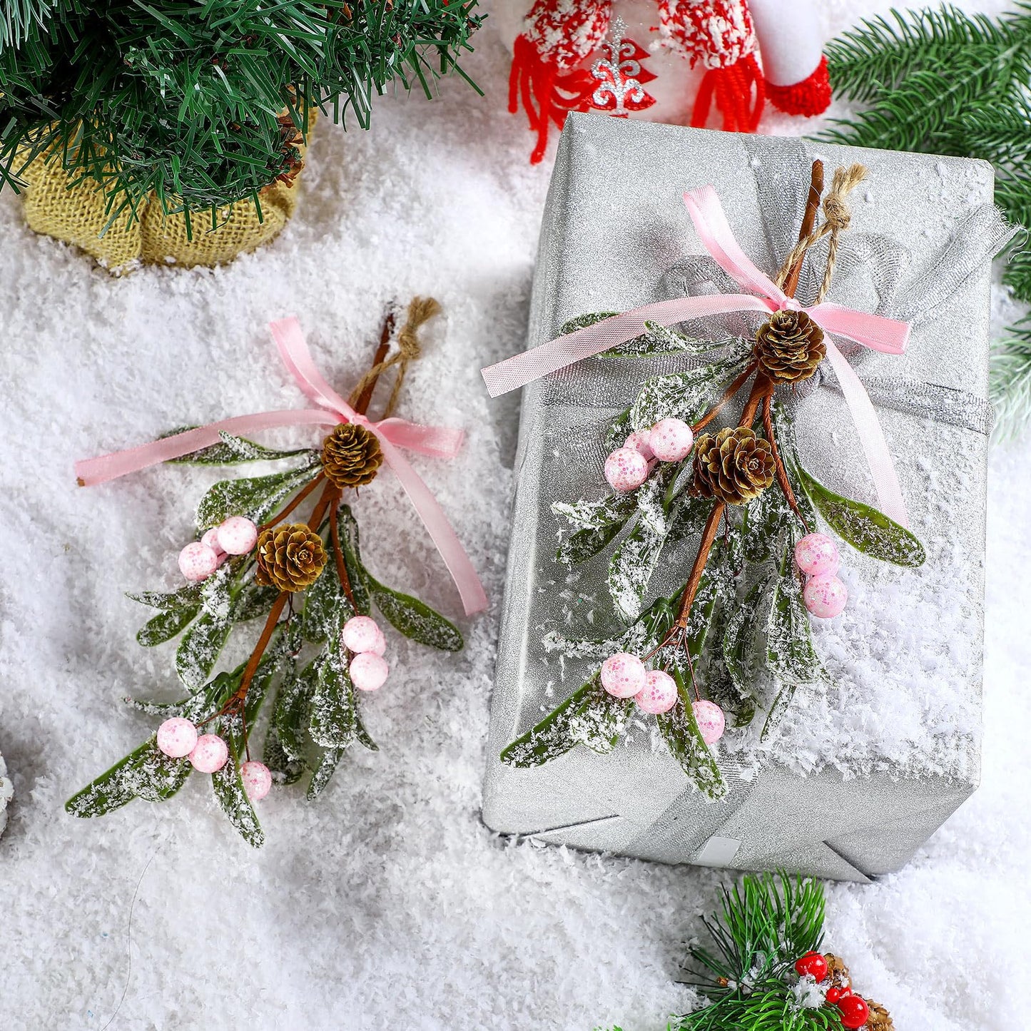 Giegxin 1 Piece Christmas Artificial Mistletoe Ornament with Red Bow Christmas Hanging Mistletoe Decoration Bouquet Floral Natural Pine Cones Holiday Decoration Ornament Bouquet (Pink Style)