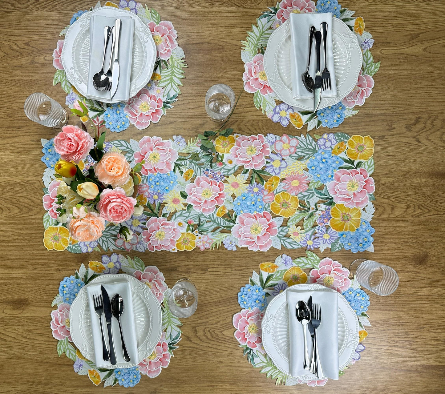 KEVA Floral Spring Table Runner 36inches Long, Flower Cutwork Embroidered Table Runner 13inch x 36inch, Easter Seasonal Spring Table Decorations for Kitchen Dining Table