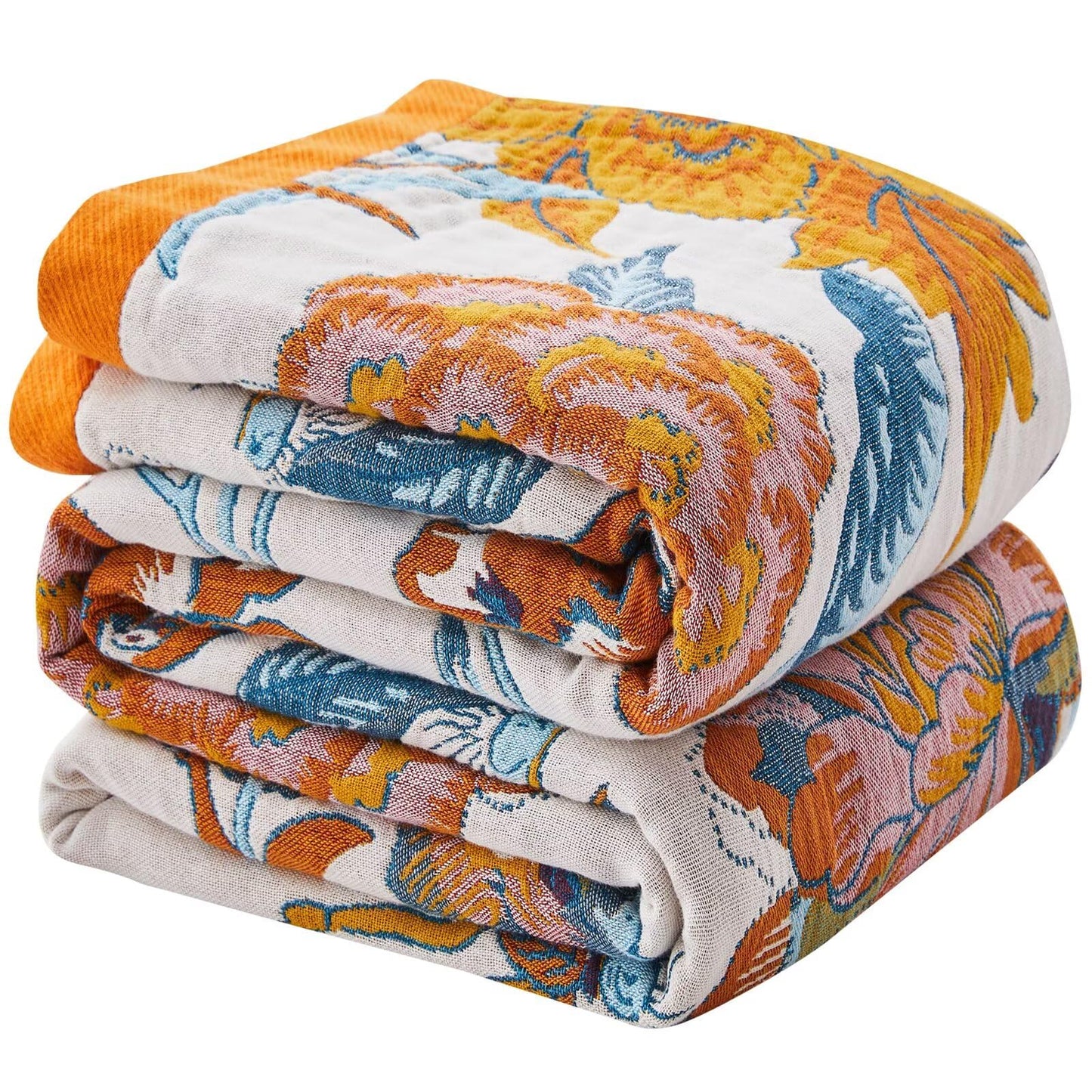 HBNDIL Boho Blanket Soft Muslin BohoThrow Blanket, 100% Cotton Floral Printed Farmhouse Decor All Season Reversible Rustic Throw for Sofa Couch Chair (Beige, 50"x60")