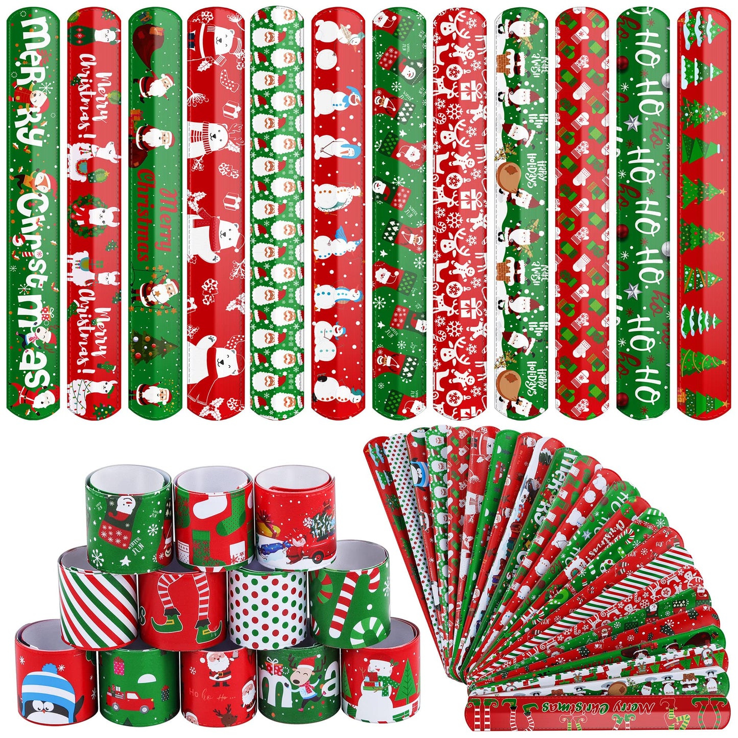 Durony 48 Pieces Christmas Slap Bracelets Xmas Slap Wristbands Bulk Assorted Christmas Theme Pattern for Party Favors Gift Bag Fillers