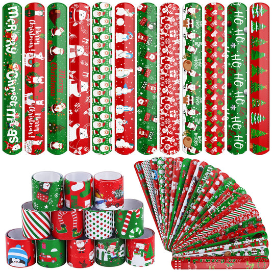 Durony 48 Pieces Christmas Slap Bracelets Xmas Slap Wristbands Bulk Assorted Christmas Theme Pattern for Party Favors Gift Bag Fillers
