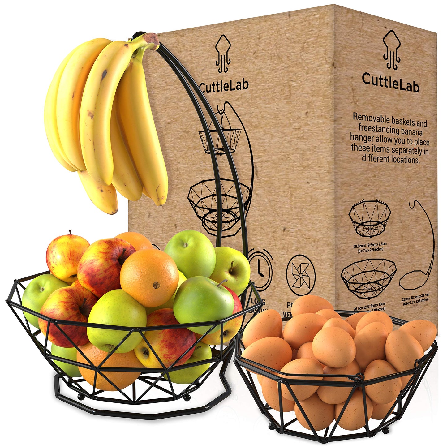 Fruit Basket with Banana Hanger and Fruit Bowl. Kitchen Counter Fruit Bowl with Banana Holder used as Bread, Vegetable or Produce Basket, Egg Holder, 2 Tier