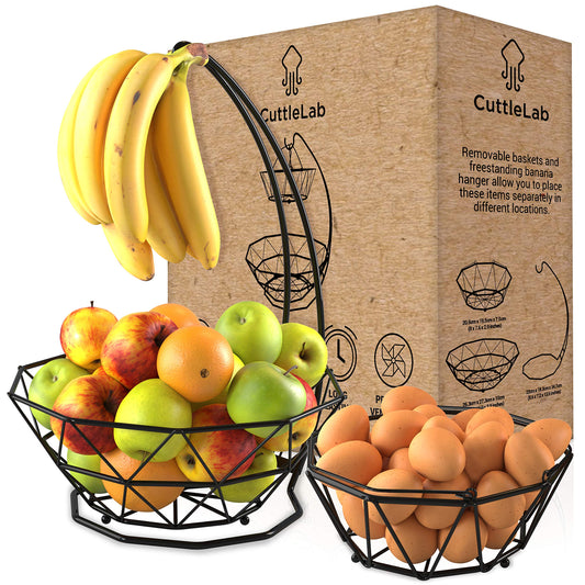 Fruit Basket with Banana Hanger and Fruit Bowl. Kitchen Counter Fruit Bowl with Banana Holder used as Bread, Vegetable or Produce Basket, Egg Holder, 2 Tier