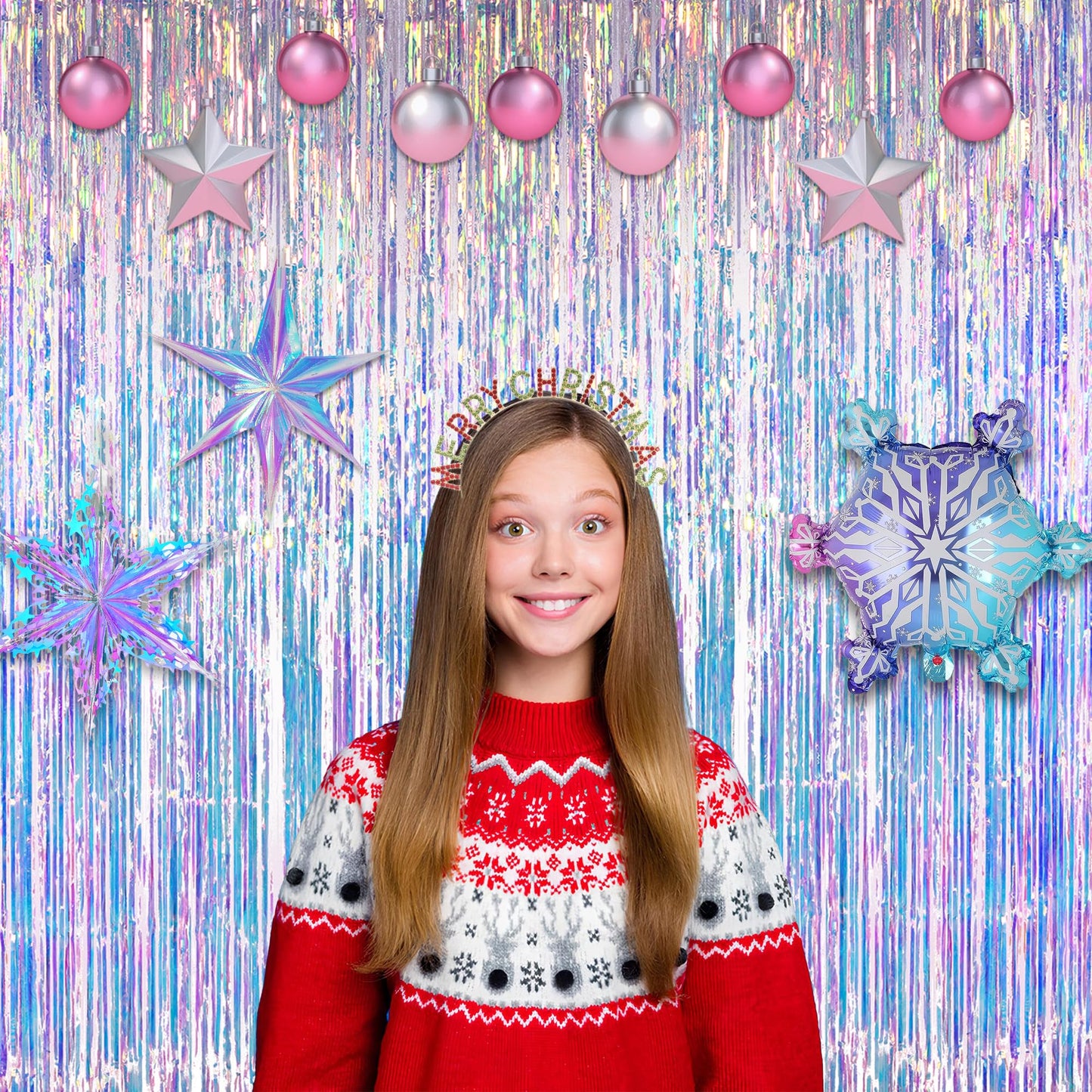 Iridescent Party Streamers Backdrop - GREATRIL Neon Transparent Holographic Tinsel Foil Fringe Curtain for Mermaid/Frozen/Sea/Euphoria/ERAS Party Theme Decorations 3.2ft x 6.5ft 2 PCS