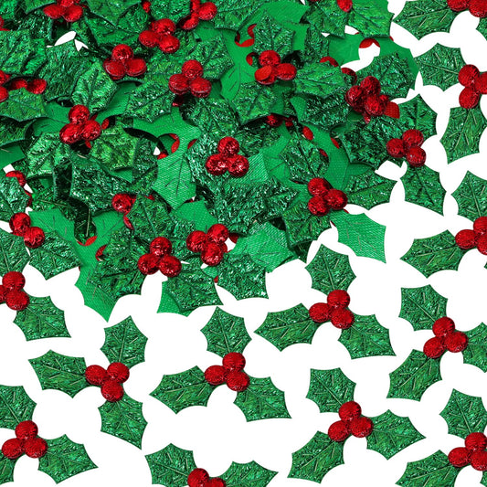 Mini Triple Leaf Penta Angel 100Pcs Small Christmas Holly Berries Craft Decoration Sequins Embellishments for DIY Holiday Wreath Arrangement Gift Tags and Card Making (Green)