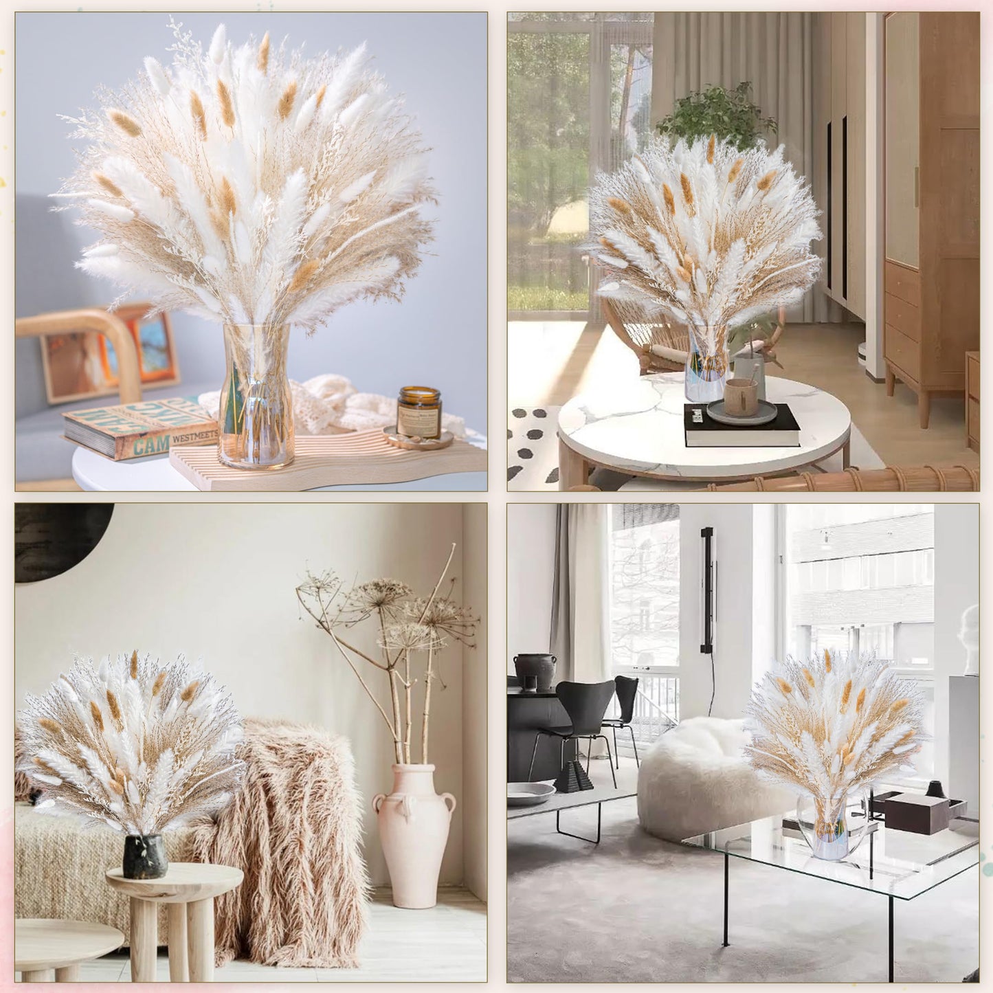 floradream 95 PCS Natural Pampas Grass Decor Bouquet | Boho Dried Floral Arrangement Centerpiece Table Decor Wedding Decor Rustic Decor, Natural, white, beige (Fdm-b-01)