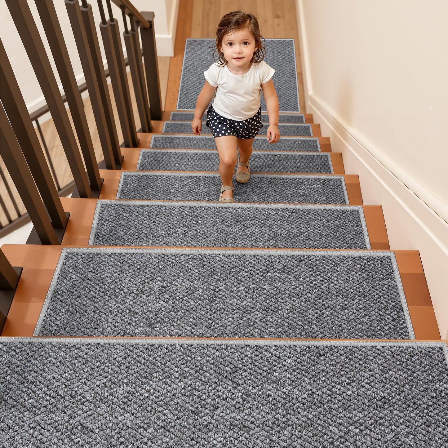 Carpet Stair Treads Non Slip - 4 Pack 8" x 30" Peel and Stick Stairs Tread for Wooden Steps Washable Stair Runners Rug Stain Resistant Edging Staircase Mat for Kids and Dogs(4pc, Grey)