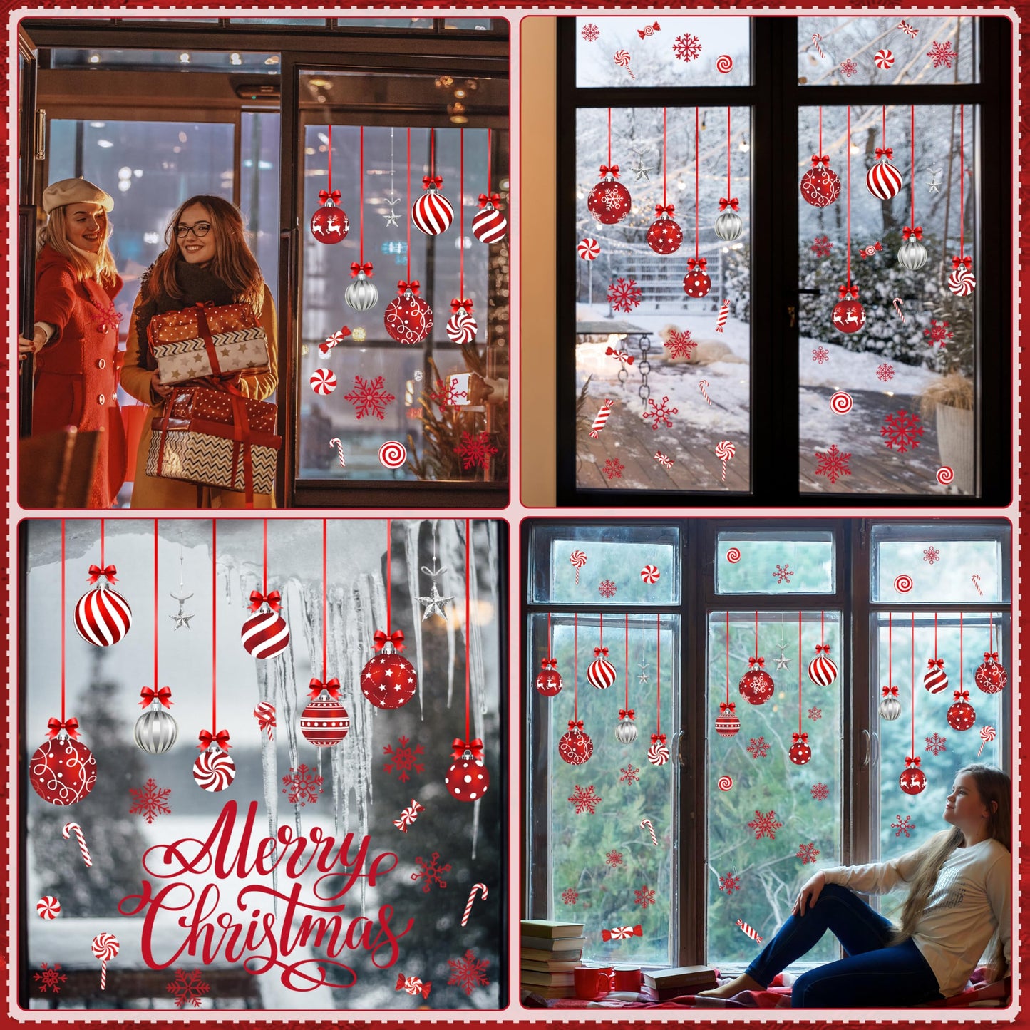 Christmas Window Clings, Merry Christmas Ball Candy Snowflake Decals Stickers, Removable Happy New Year Window Decorations for Glass Windows Xmas Holiday Home Office Decor