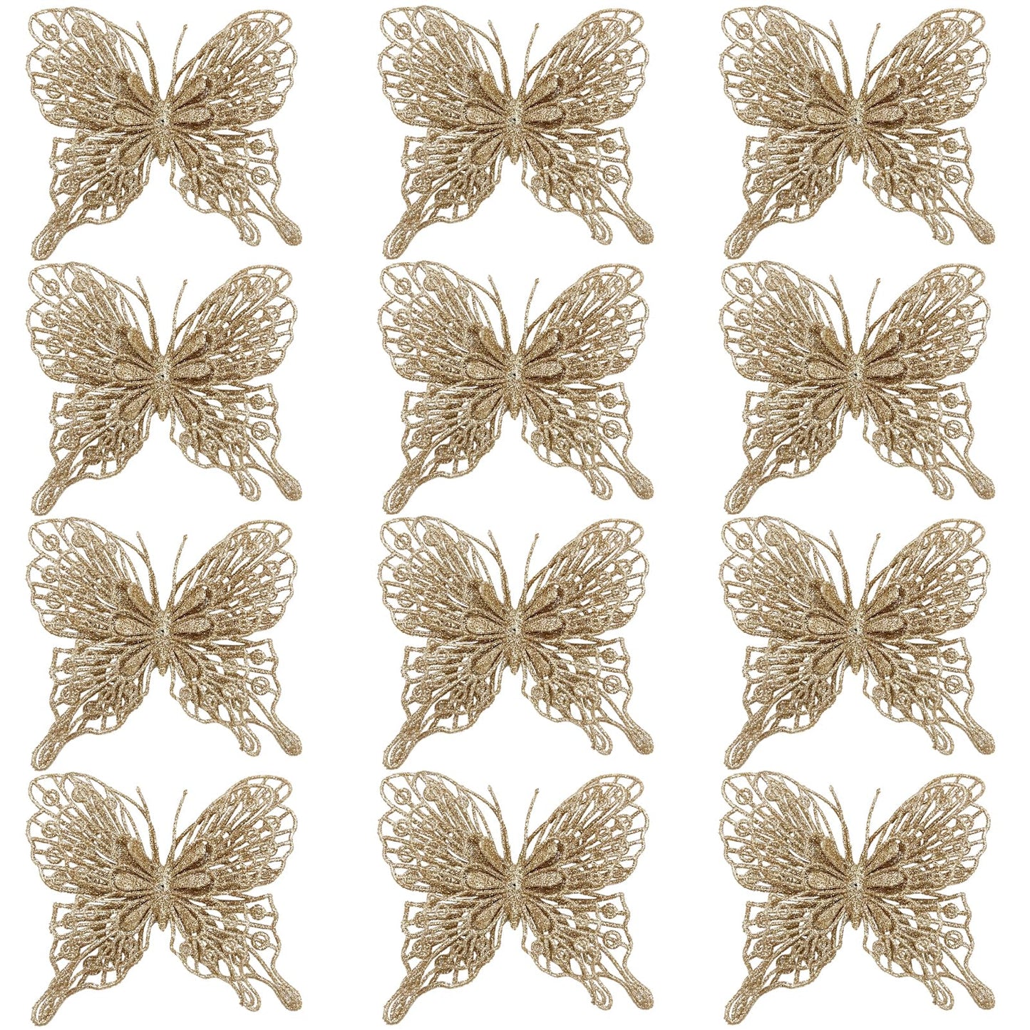 Butterfly Decorations Champagne Gold Glitter Christmas Tree Butterfly Ornaments Artificial Butterflies with Clip & Stem for Xmas Party Wreath Garland Decor - 12-Pack 5inch 3D Hollow Butterflies
