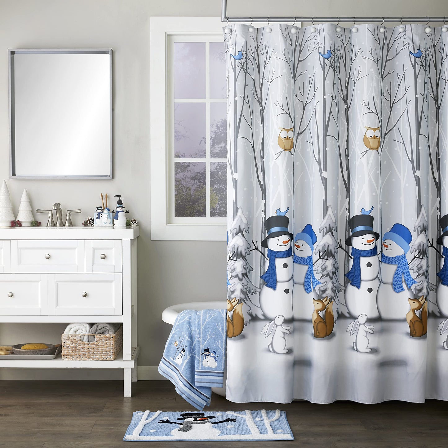 SKL Home Christmas Winter Friends Snowman Shower Curtain, Blue