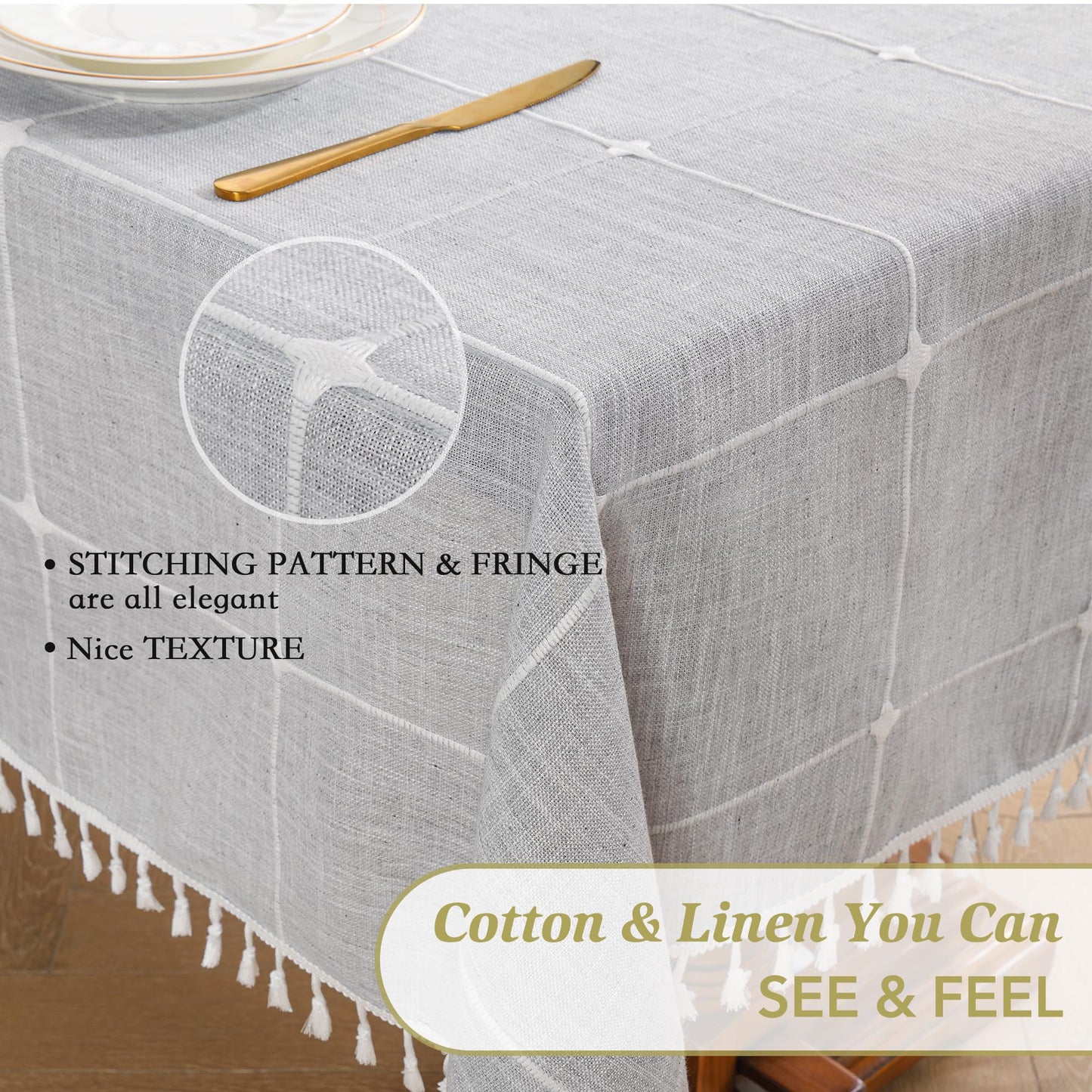 Oubonun Tablecloths for Rectangle Tables, Cotton Linen Waterproof Farmhouse Table Cloth with Boho Tassels – Wrinkle Free, Wipeable & Washable for Kitchen & Dining, 55''x70'', 4-6 Seats, Grey