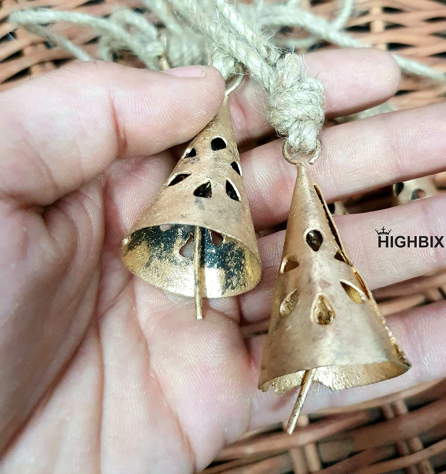 HIGHBIX Rusty Harmony Cow Bells 10 Pieces Vintage Handmade Rustic Lucky Christmas Hanging 2inch Bells (Cone Shape)