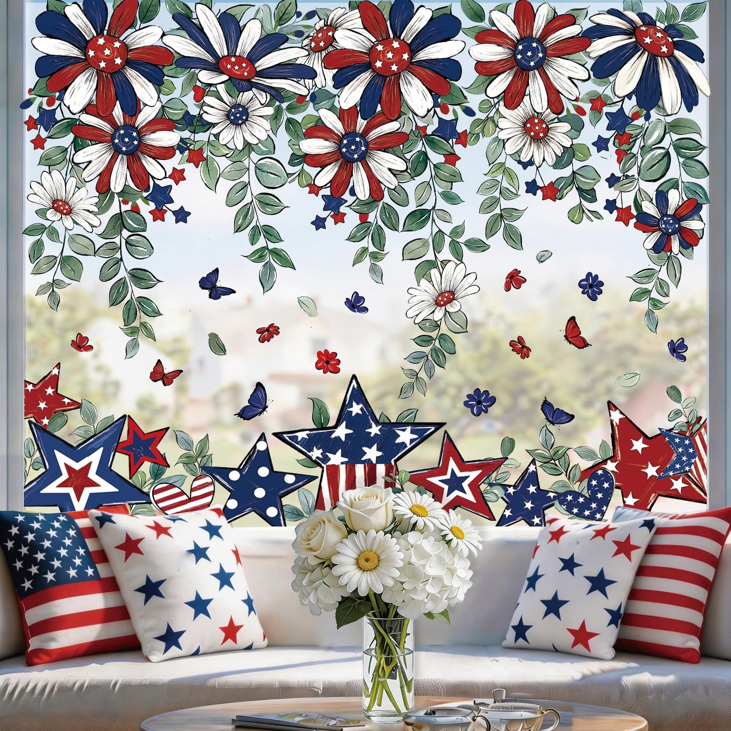 JOICEE 8 Sheets Patriotic Window Clings,4th of July Window Stickers Red White Blue Star Flower Butterfly Hanging Vine Floral Window Decals for Independence Day Home School Office Holiday Decoration