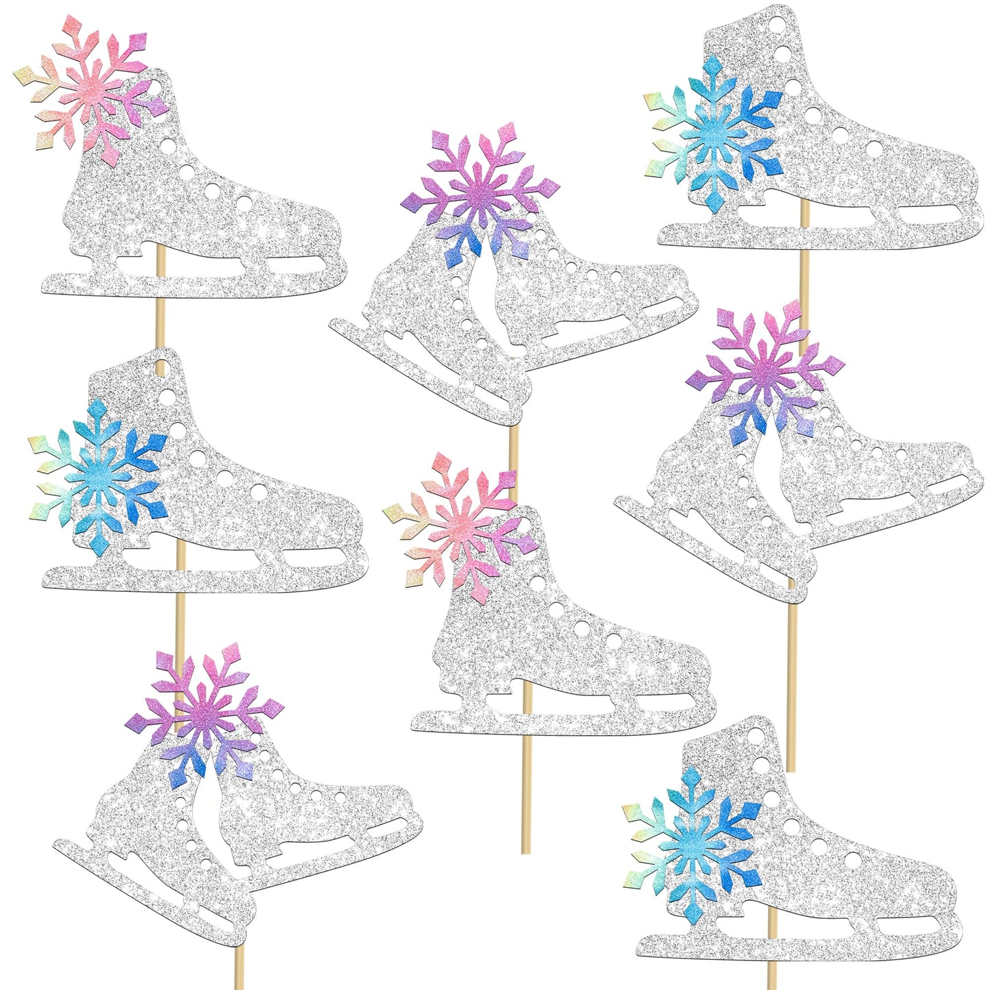 Ice Skating Centerpiece Sticks Snowflake Ice Sports Theme Party Decorations 12PCS Glitter Silver Ice Skate Baby Shower Table Topper Decorations for Skating Birthday Party Supplies